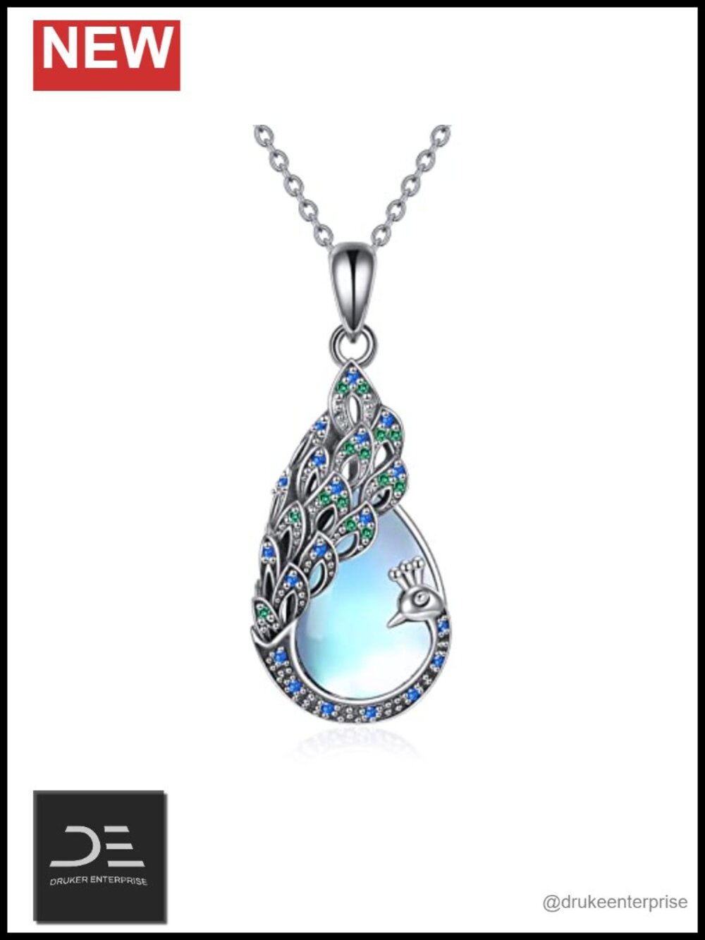 925 Sterling Silver Peacock Moonstone Pendant Necklace 18" Lobster Clasp
